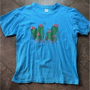Vintage Arizona Blue T Shirt 90s XL Cactus Puff Print Crewneck Single Stitch